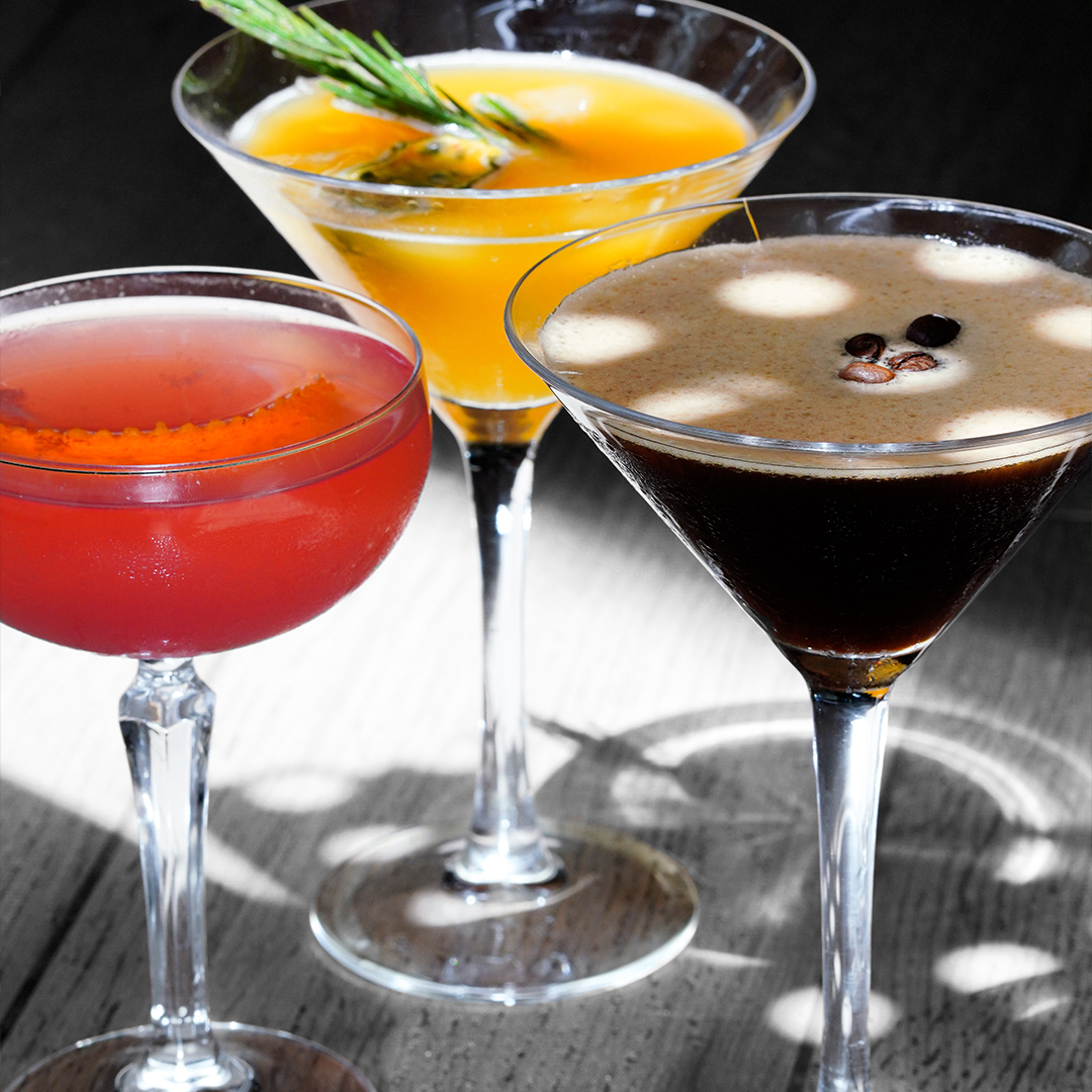 Three different coloured cocktails.