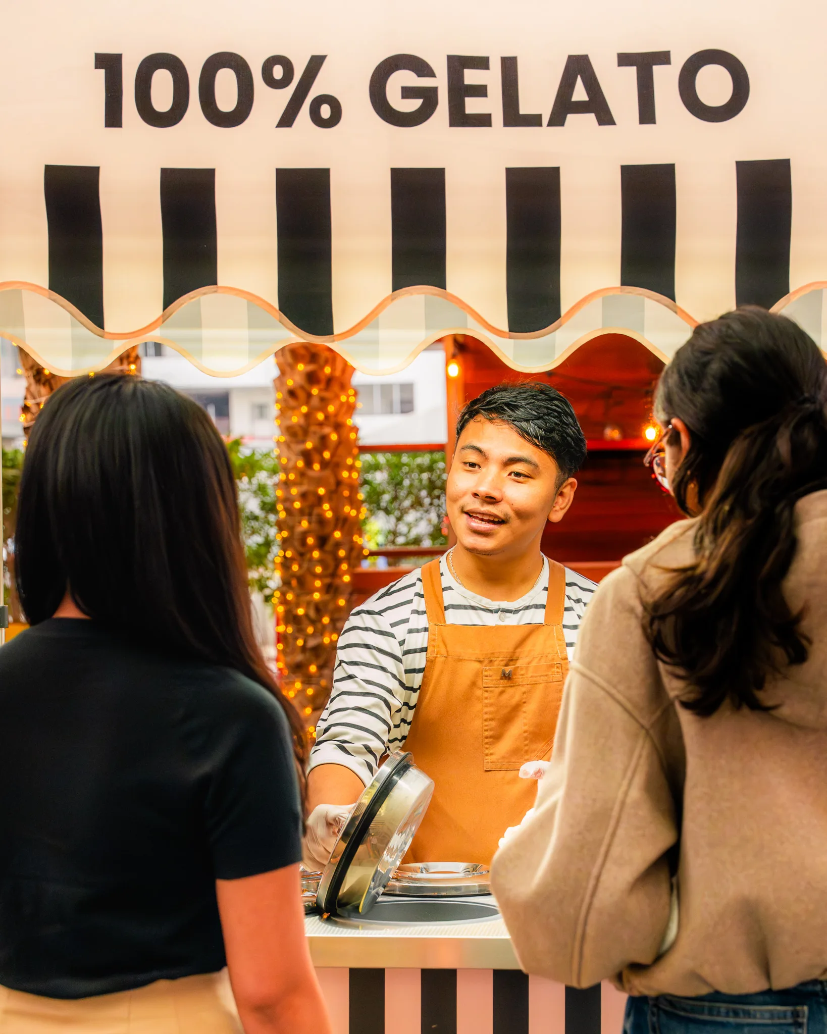 100% gelato available in a variety of flavors including pistachio, vanilla, French vanilla, chocolate, limoncello, peanut butter, and sugar-free mango.